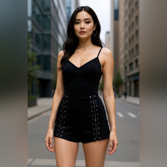 Black Lace-Up Women's Shorts - Picture 3 of 8